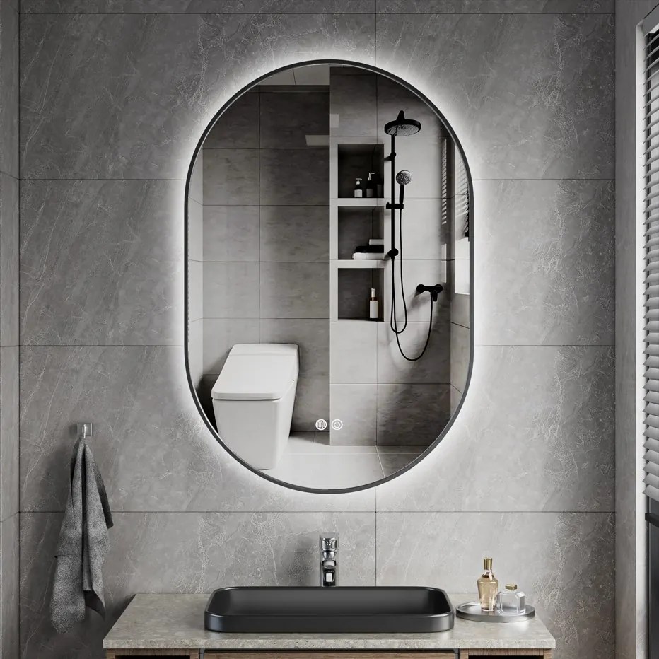 Erga Freya, oválne LED zrkadlo 60x90cm v čiernom kovovom ráme, 3 farby svetla, zadné osvetlenie, vyhrievacia podložka proti zapareniu, ERG-V01-FREYA-6090-BK