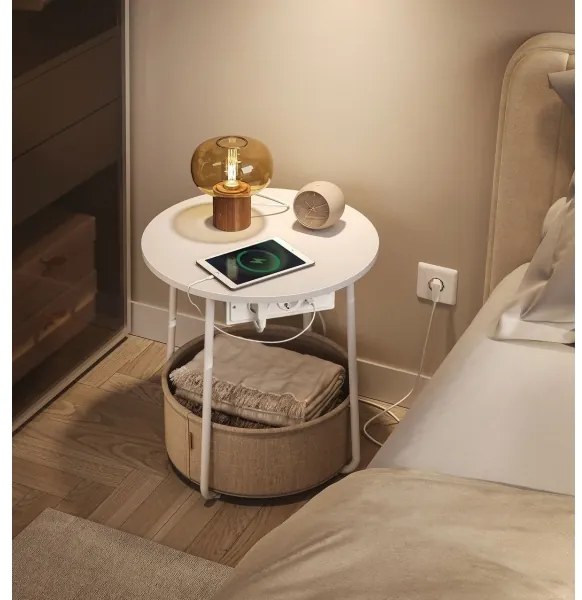 Odkladací stolík NOIRA so vstavanými zásuvkami a USB portami, béžová/biela