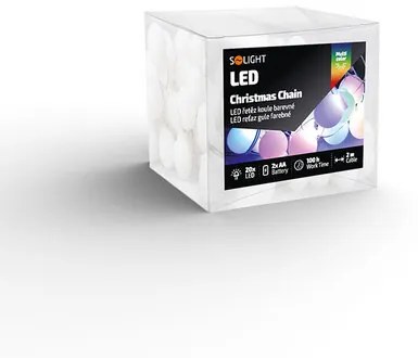 Solight LED vianočná reťaz farebné gule, 20x LED, 2 m, 2x AA
