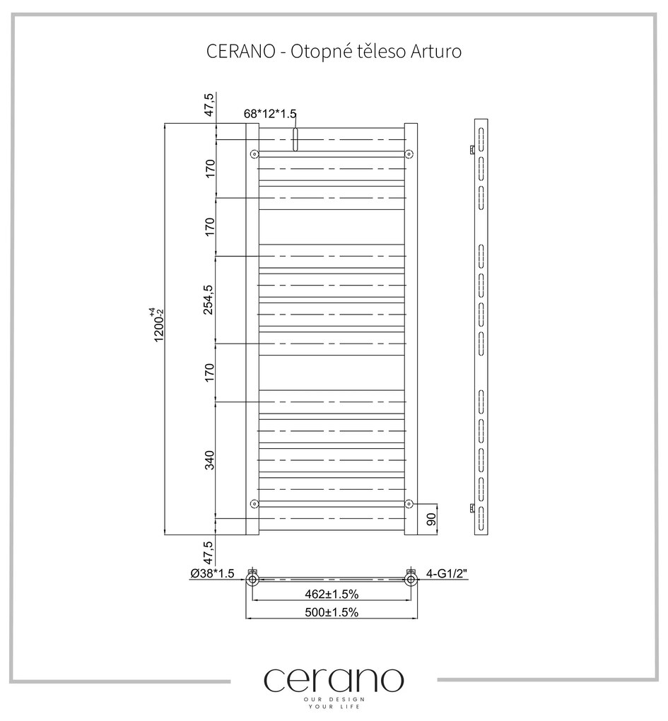 Cerano Cassandra, vykurovacie teleso 1200x500 mm, 644W, rozteč prijenia 462 mm, čierna matná, CER-CER-429622
