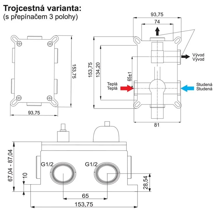 Mereo Mereo, Sprchová podomietková batéria s trojcestným prepínačom, Dita, Mbox, MER-CBE60157DA