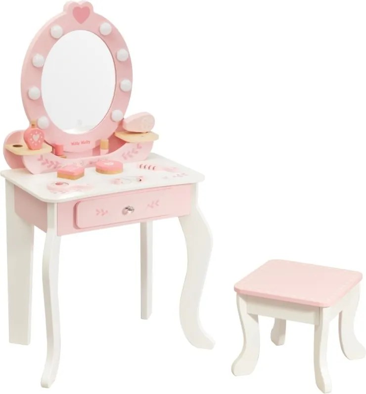 Veľká drevená toaletka ELLY pre deti s LED svetlom a taburetkou ružová