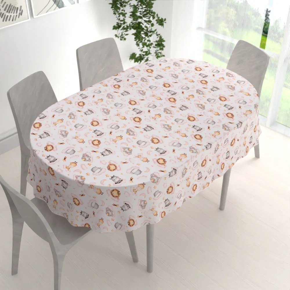 Biante Detský bavlnený oválny obrus Sandra SA-658 Africké zvieratká na ružových obláčikoch na bielom 50x100 cm