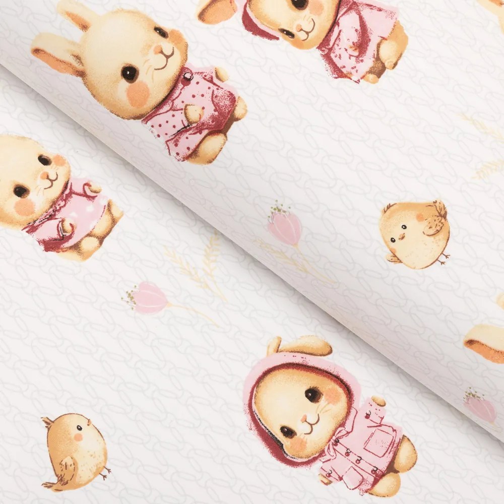 Biante Detský bavlnený obdĺžnikový obrus Sandra SA-538 Ružové zajačiky a vtáčiky na bielom 50x100 cm