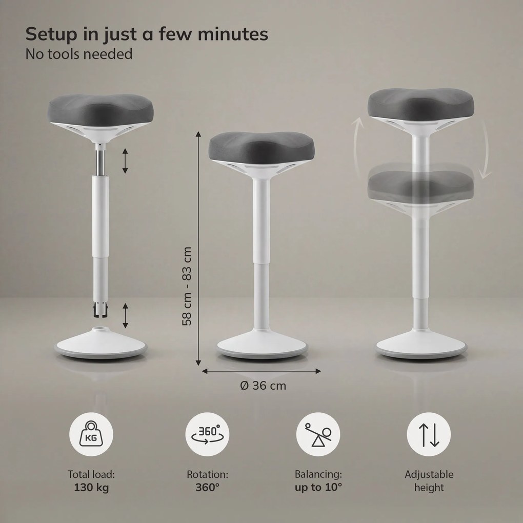 Balančná otočná stolička bielo-tmavosivá