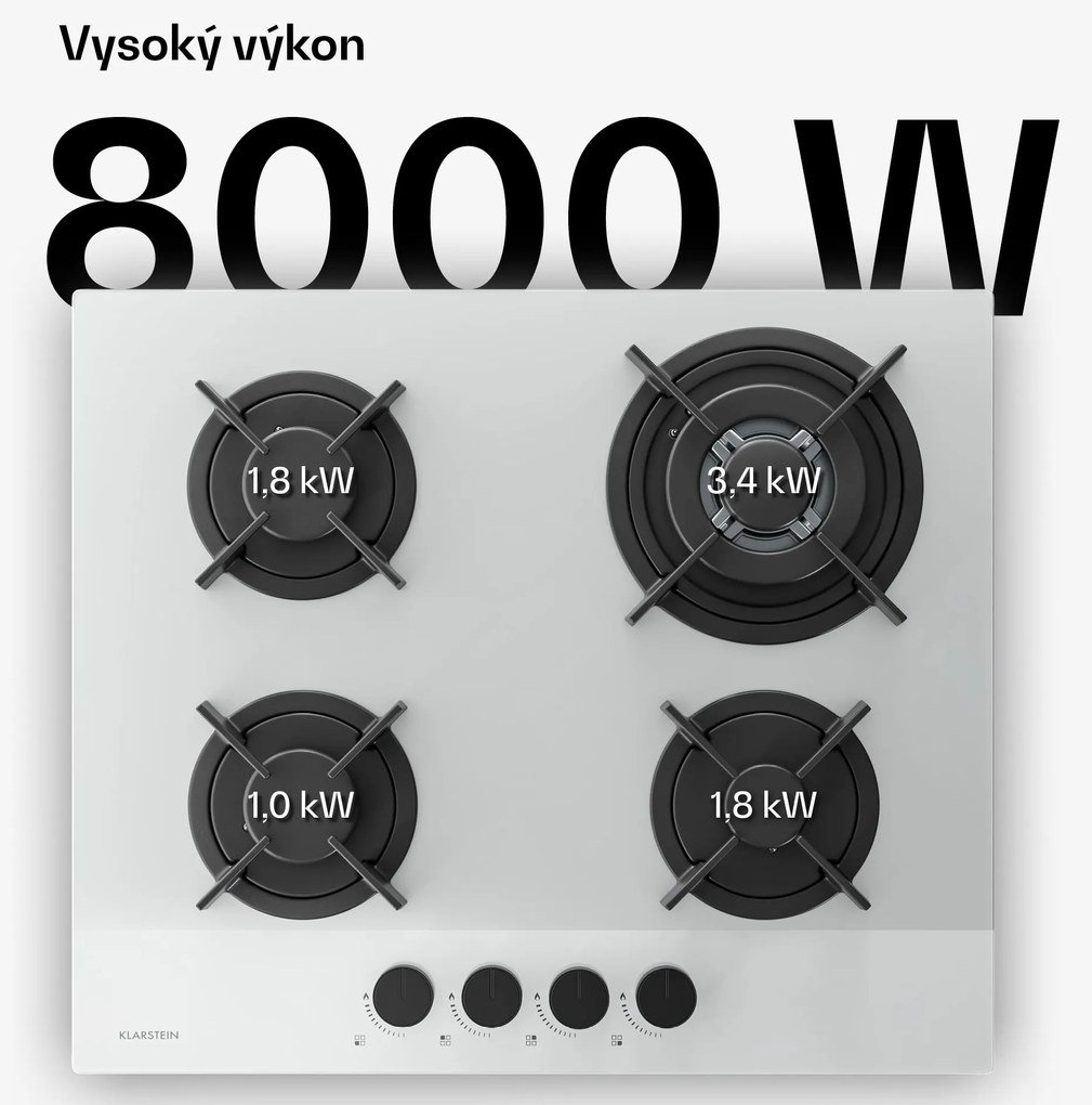 Klarstein Plynová varná doska Velaire, 4-platnička s elektrickým zapaľovaním, kompatibilná so zemným plynom a LPG, 8000W, 60cm