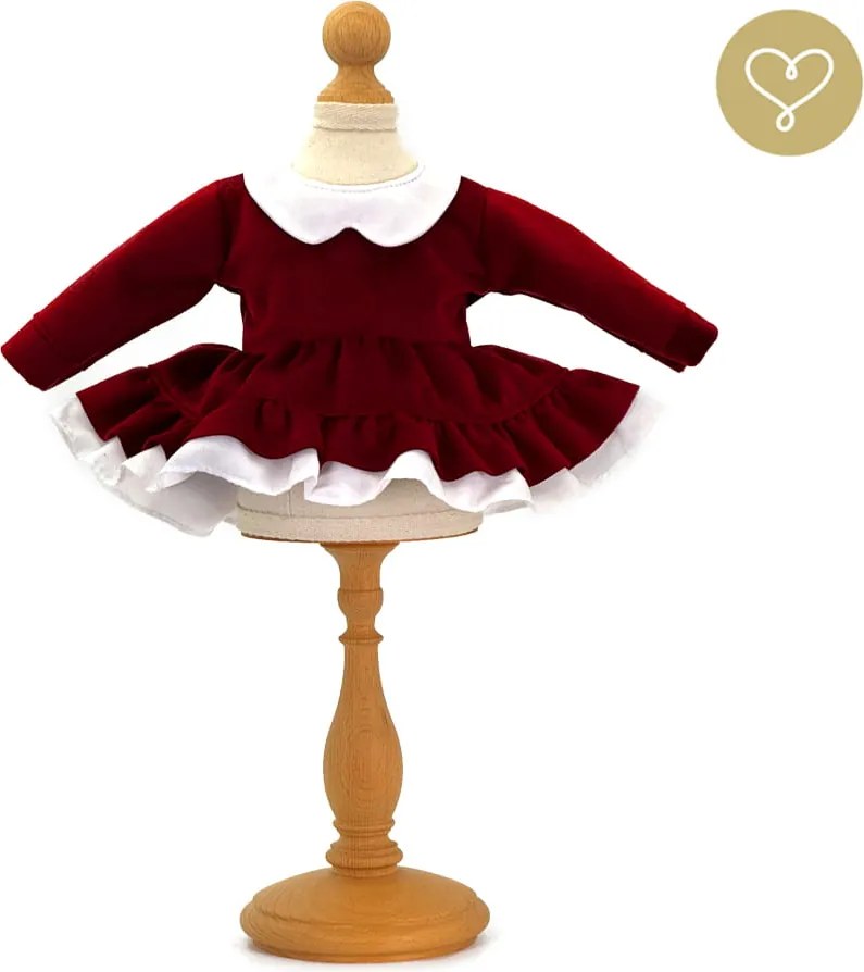 Bordové zamatové šaty pre bábiku – elegantný outfit s bielym golierom