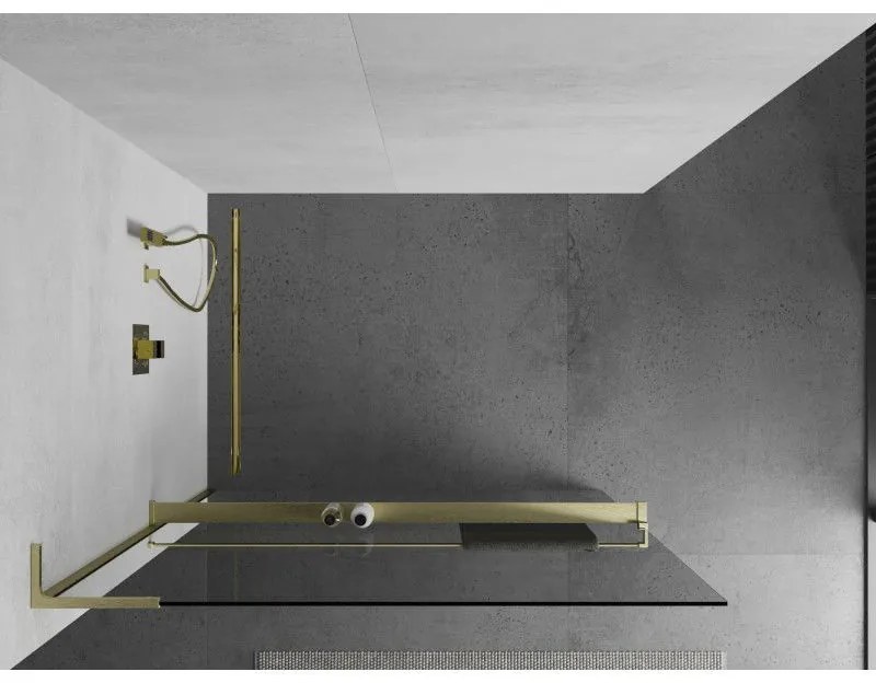 Mexen Kioto+ L, sprchová zástena Walk-In s poličkou a vešiakom 95 x 200 cm, 8mm číre sklo, zlatý matný profil, 800-095-123-55-00