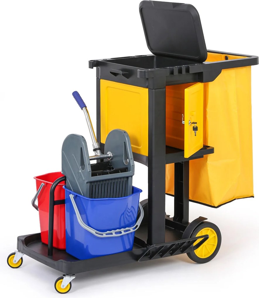 Profesionálny upratovací vozík so 2 vedrami, držiakmi mopov, skrinkou a vrecom s vekom, 1120 × 710 × 990 mm