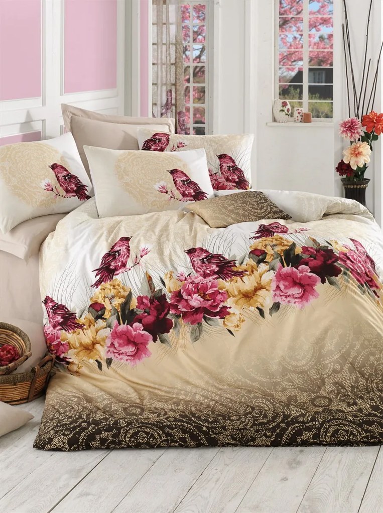 Bavlnené posteľné prádlo pre dvojlôžko s plachtou Calika 200x220 cm vtáky