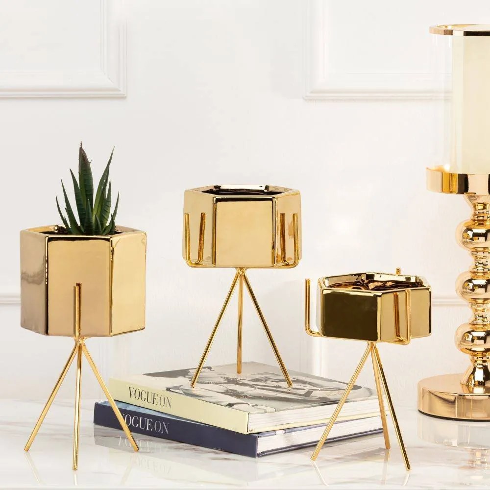 KERAMICKÝ KVETINÁČ SO STOJANOM SASHI 18X10 CM ZLATÁ