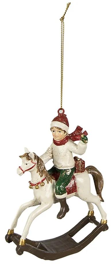 Biela vianočná závesná dekorácia chlapec na hojdacom koníkovi - 9*5*12 cm