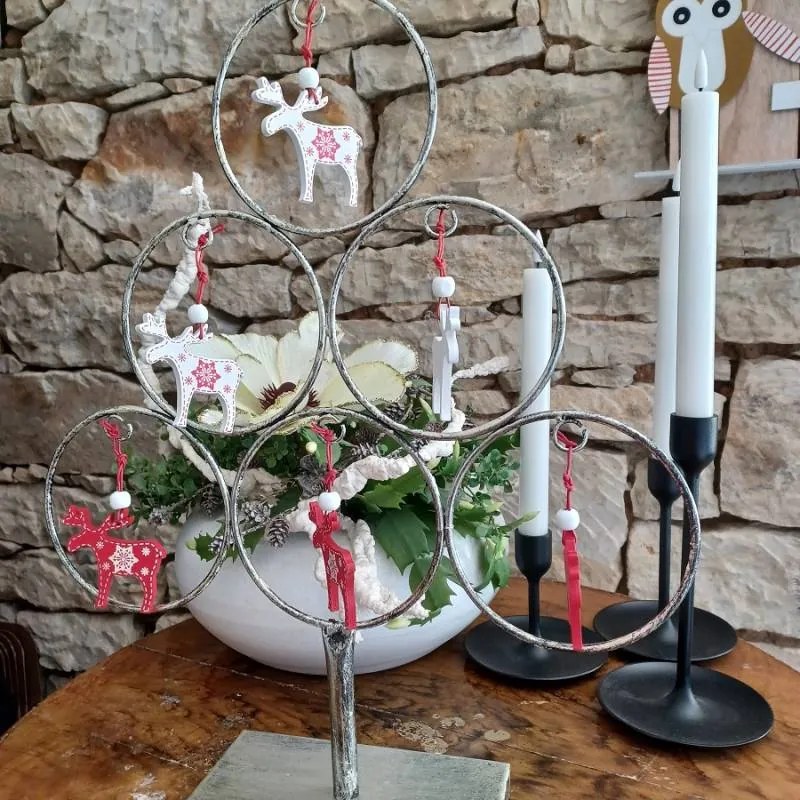 DECOLED Sada drevených ozdôb sobov 5 × 6 cm, červená a biela farba, 12 ks/balenie.