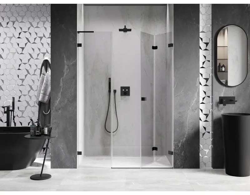 Mexen Lunar-F, L pravé skladacie sprchové dvere 110 cm, 8mm číre sklo, čierny matný profil, 836SL-110-050-70-00-P