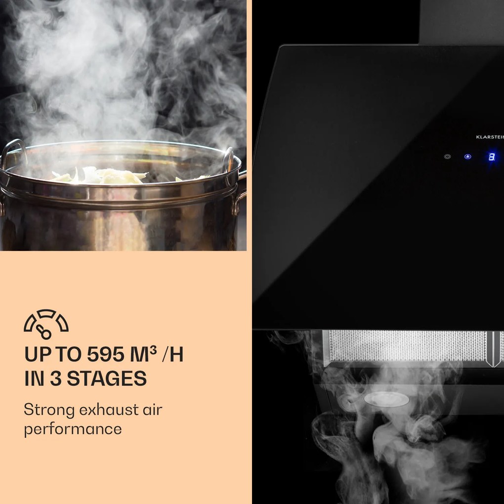 Klarstein Annabelle 60, digestor, 60 cm, nástenný, 595 m³/h, dotykový panel, sklo, čierny
