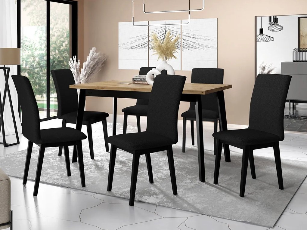 Jedálenský stôl so 6 stoličkami AL23, Morenie: dub artisan L, Poťahové látky: 25x - Paros 2, Farby nožičiek: čierna
