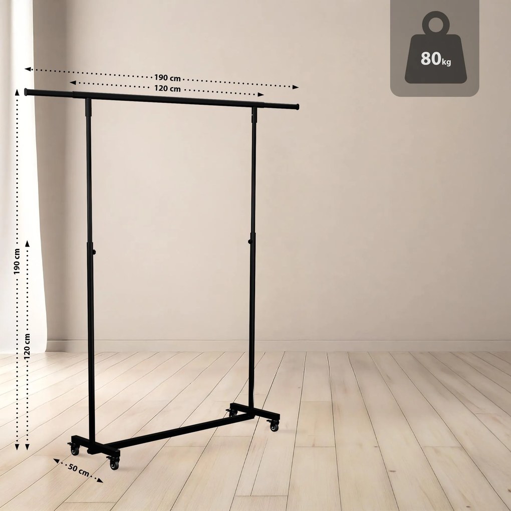 Vešiak na oblečenie s kolieskami Soran 120x50x188 - čierna