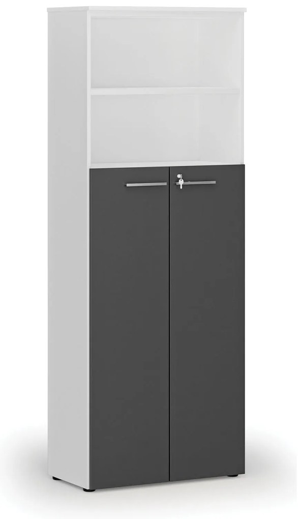 Kombinovaná kancelárska skriňa PRIMO WHITE, dvere na 4 poschodia, 800 x 420 x 2128 mm, biela/grafit
