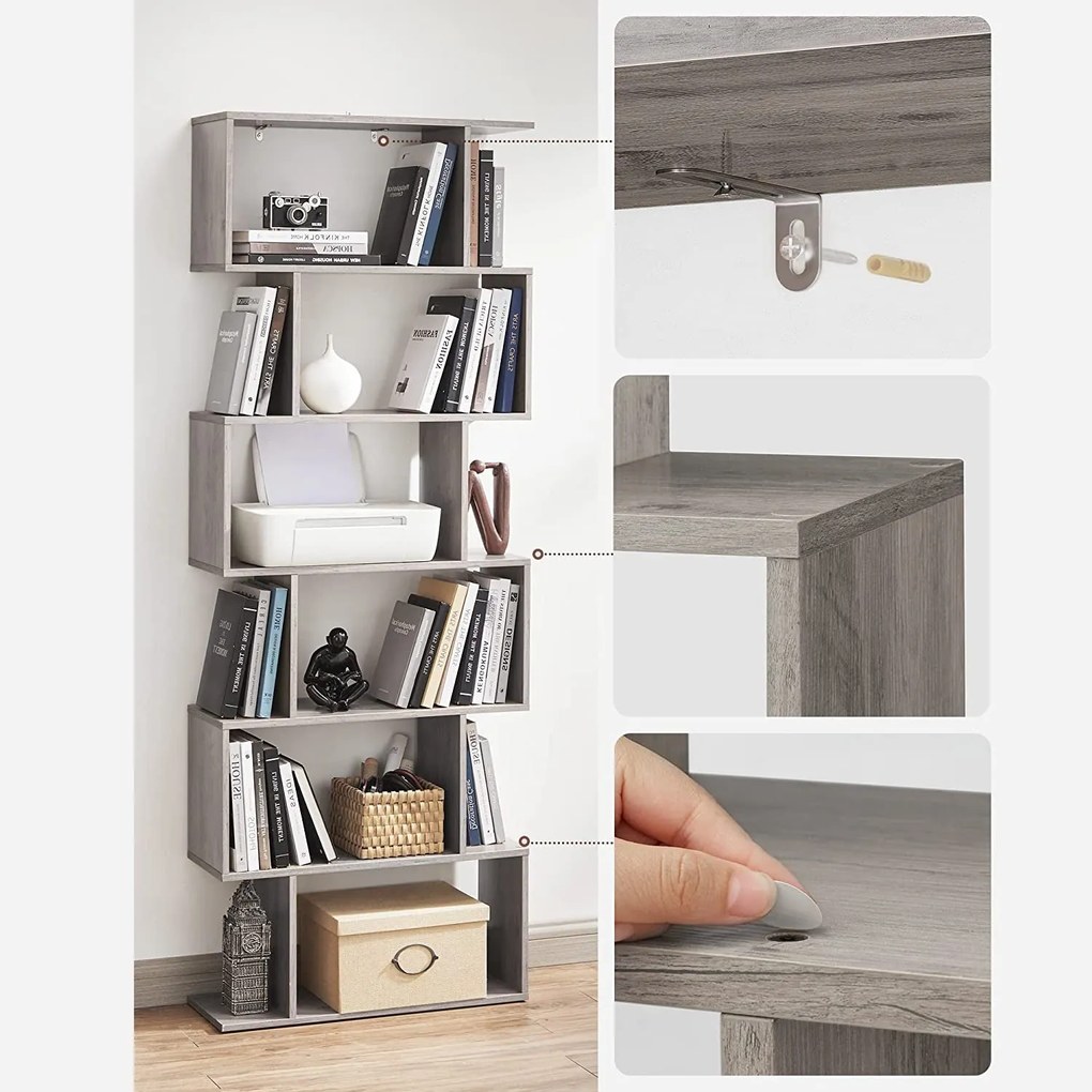 Knižnica, voľne stojaca dekoratívna polica so 6 úrovňami, greige sivá