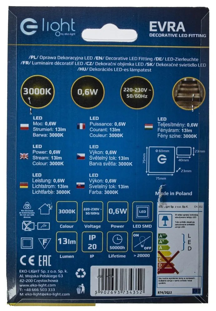 Schodiskové LED svietidlo Evra, 1x LED 0,6w, 3000k, s