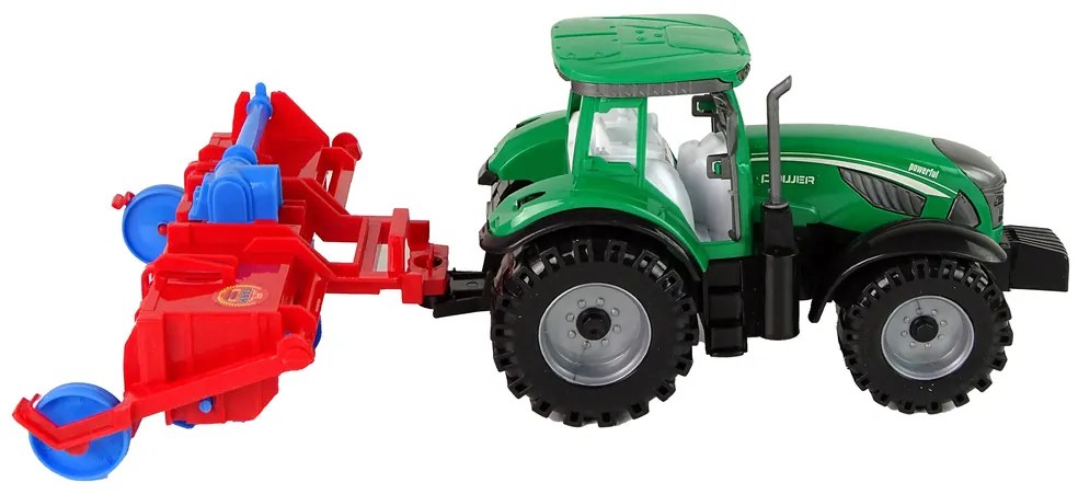 Lean Toys Zelený traktor s červeným pluhom