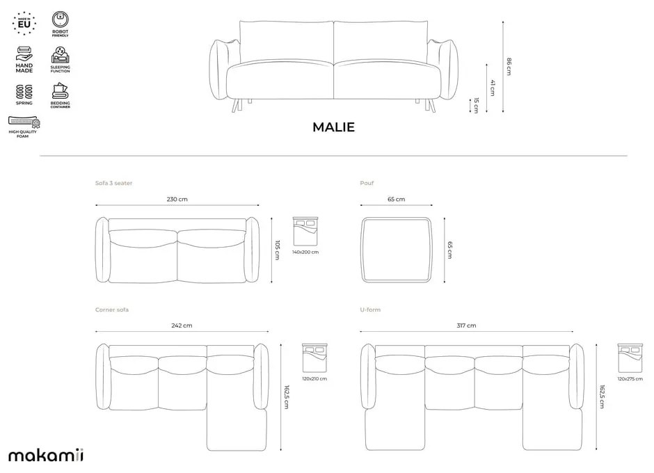 Svetlomodrá pohovka 230 cm Malie – Makamii