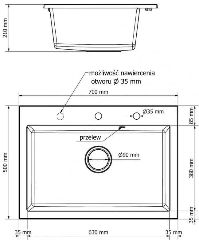 Mexen Elix, 1-korový granitový drez 700 x 500 mm, čierna/strieborná metalíza, čierny sifón, 6526701005-73-B
