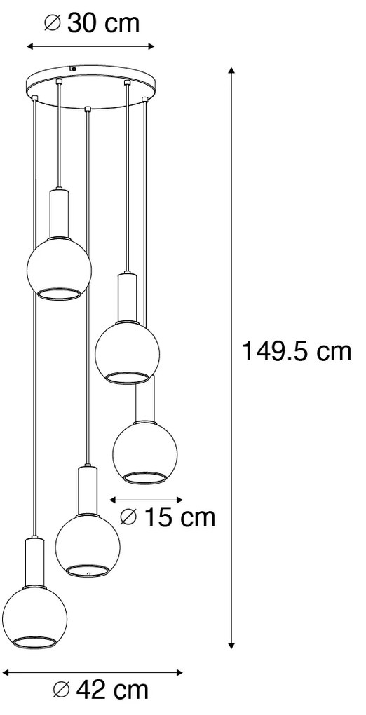 Závesné svietidlo Art Deco čierne s dymovým sklom okrúhle 5-svetlo - Josje