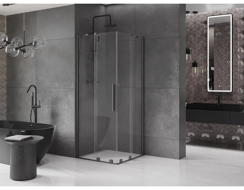Mexen Velar Duo, sprchový kút s posuvnými dverami 90 x 90 cm, 8mm číre sklo, brúsený grafit, 871-090-090-02-95