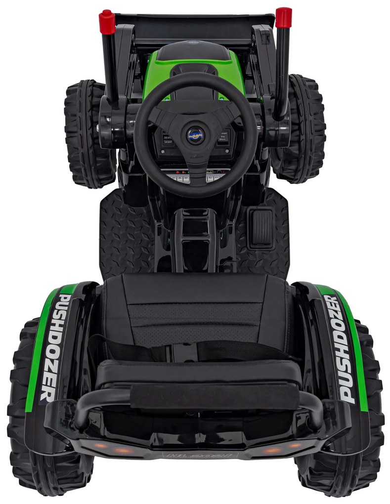 Zelený detský traktorový bager na batérie + pohyblivé rameno + diaľkové ovládanie + pomalý štart + FM rádio + LED