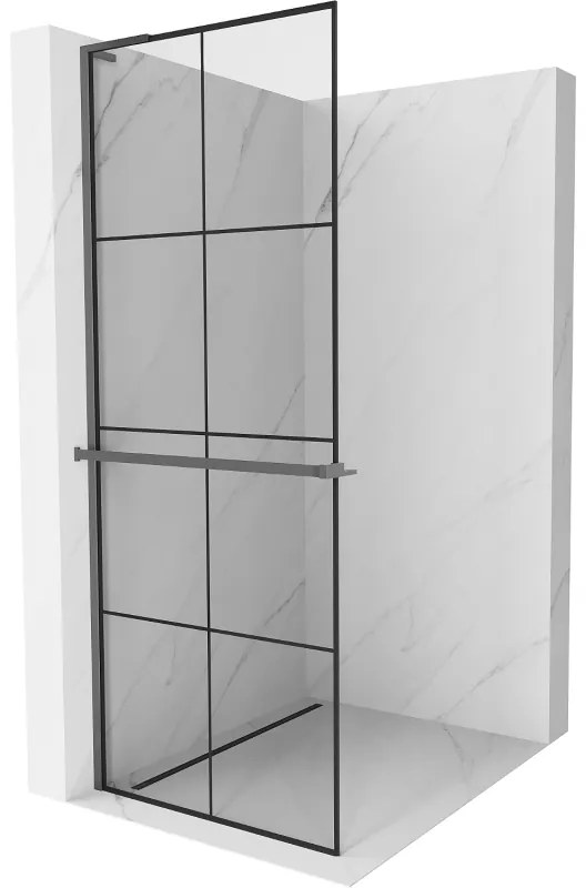 Mexen Kioto+ L, sprchová zástena Walk-In s poličkou a vešiakom 70 x 200 cm, 8mm číre sklo čierny vzor, grafitový profil, 800-070-123-95-77