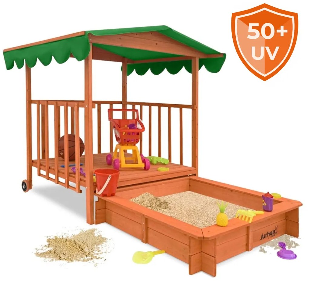 Pieskovisko s verandou HAPPY, 130x130x143cm, hnedá/zelená Jurhan
