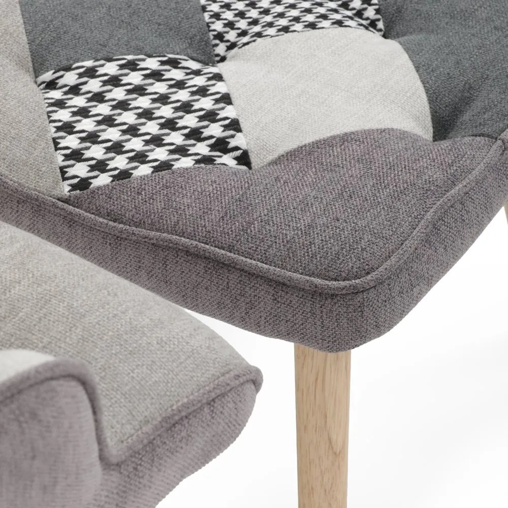Relaxačné kreslo ušiak LISA + taburet — masív, látka, čiernobiely patchwork