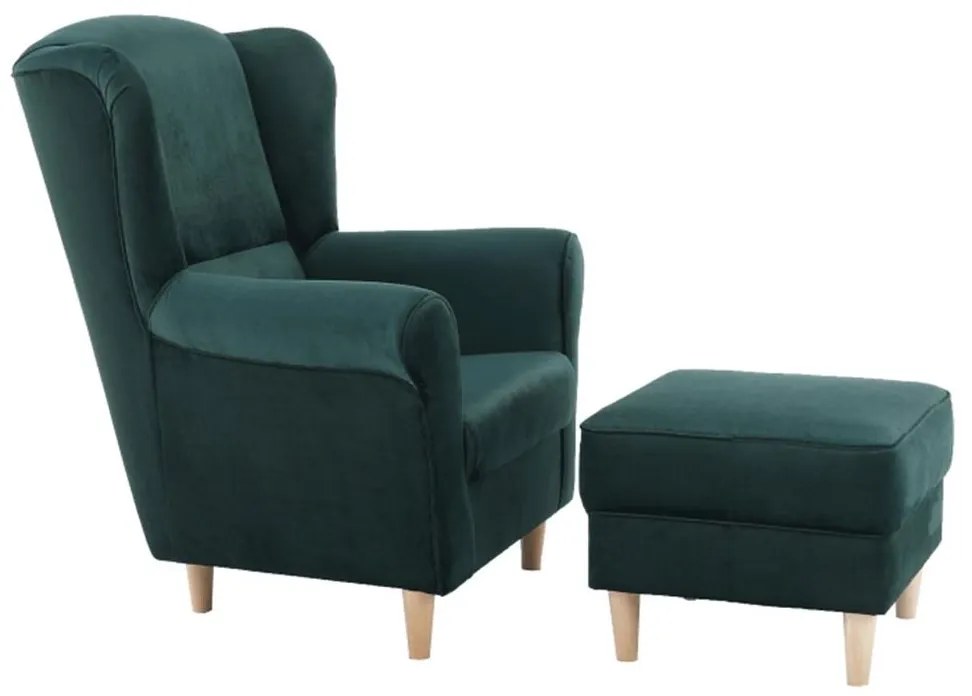 Tempo Kondela Kreslo ušiak s taburetom látka smaragdová, ASTRID