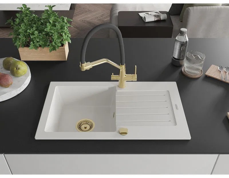Mexen Pablo, granitový drez 752x436x161 mm, 1-komorový a drezová batéria Duo, biela, 6510-20-671701-57-G