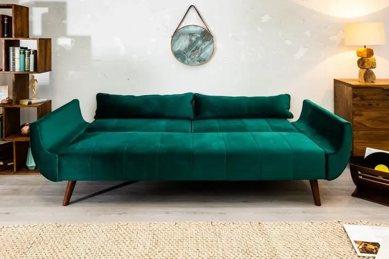 Invicta Interior - Retro rozkladacia pohovka DIVANI 215 cm smaragdovo zelená, zamat, 3-miestna