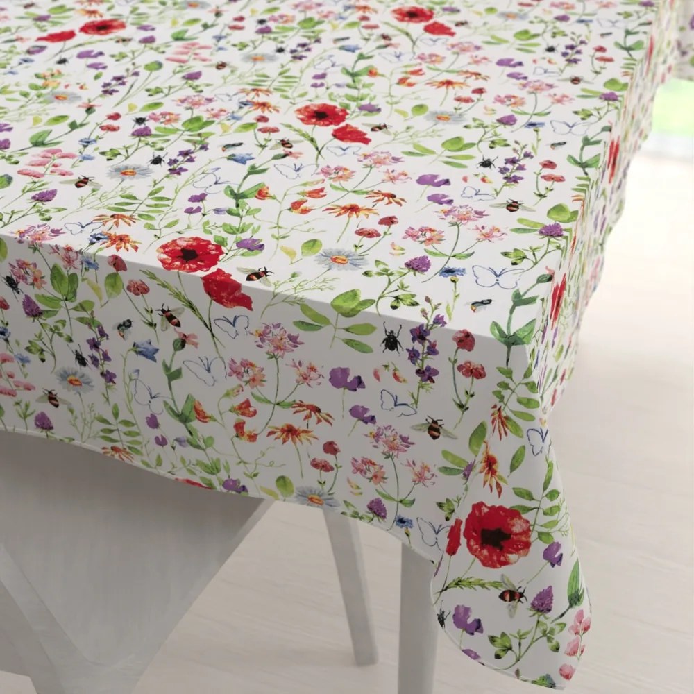 Biante Bavlnený obdĺžnikový obrus Sandra SA-608 Červeno-fialové lúčne kvety s motýlikmi a čmeliakmi na bielom 140x200 cm