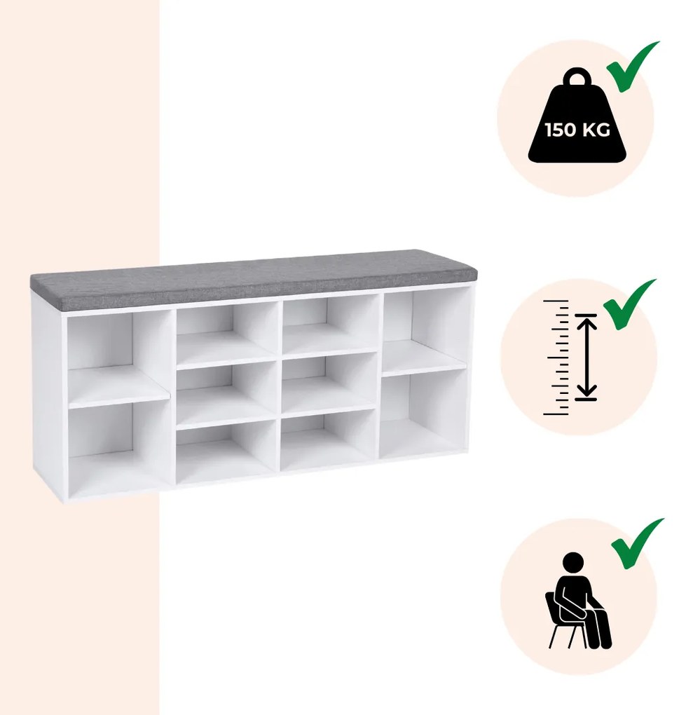 Botník s čalúnenou lavicou GABI, 10 priehradiek, 104x30x48cm, šedá/biela Jurhan