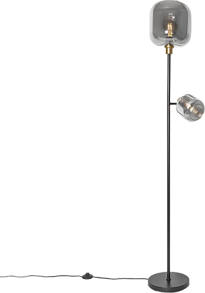 Stojaca lampa čierna so zlatom s dymovým sklom 2-svetlo - Zuzanna