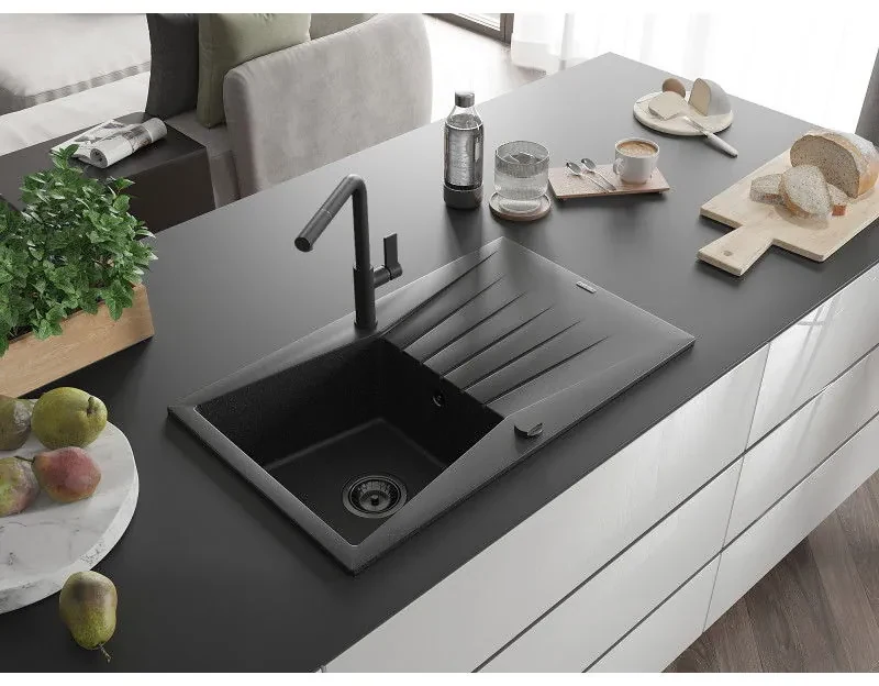 Mexen Cesar, 1-komorový granitový drez 775x470x190 mm a drezová batéria Flora, čierna-strieborná metalíza, 6514-73-670401-70-B