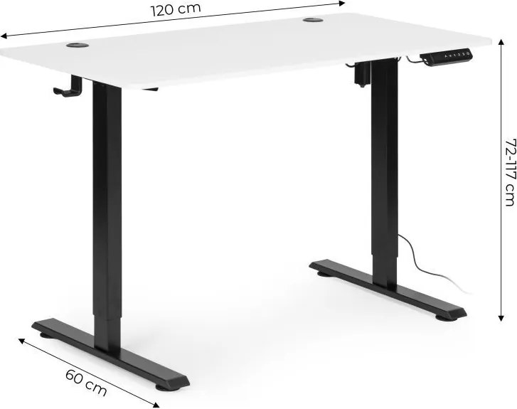 Elektrický nastaviteľný stôl 120 x 60 cm, nastaviteľná výška 72-117 cm, biely