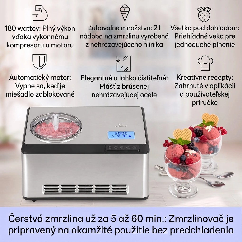 Klarstein Dolce Bacio Smart, zmrzlinovač a jogurtovač, kompresor, 2 l, Wi-Fi, dotykový displej, nehrdzavejúca oceľ