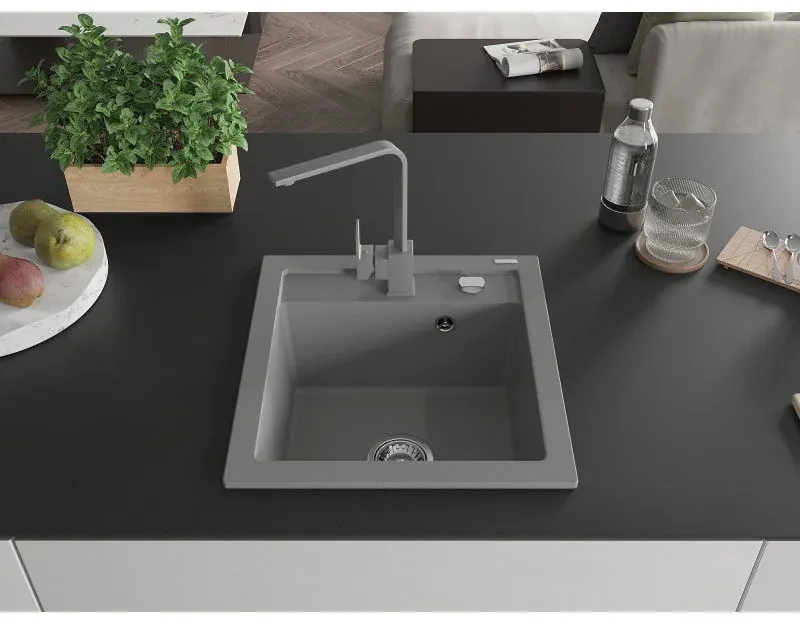 Mexen Vito, 1-komorový granitový drez 520x490x210 mm, šedá batéria Rita, šedá, 6503-71-670300-71