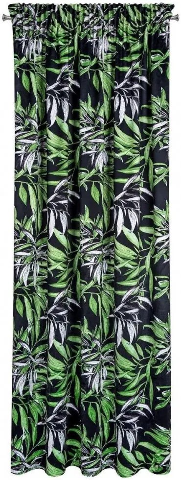 Moderný čierny zamatový záves na riasiacu pásku so zelenými vetvičkami PIERRE CARDIN 140 x 270 cm