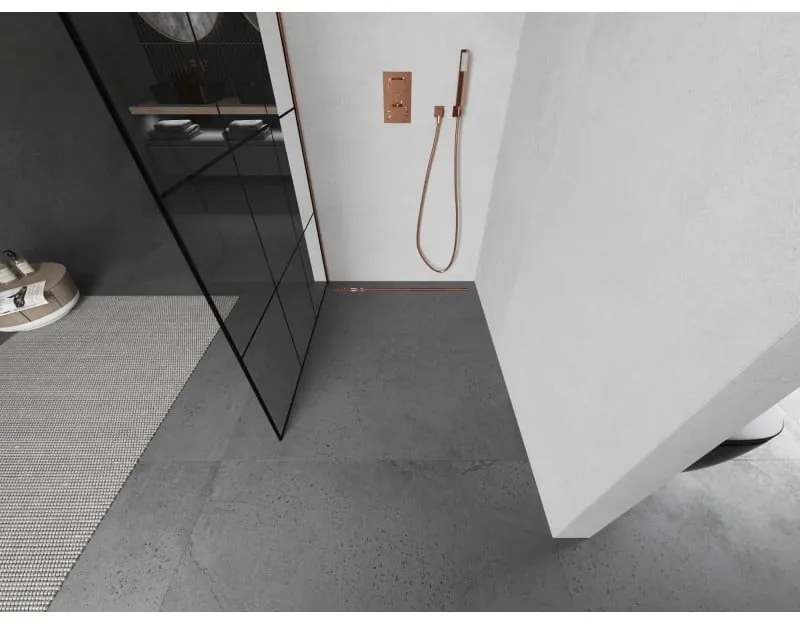 Mexen Kioto L, sprchová zástena Walk-In 110 x 200 cm, 8mm číre sklo čierny vzor, ružové zlato profil, 800-110-103-60-77