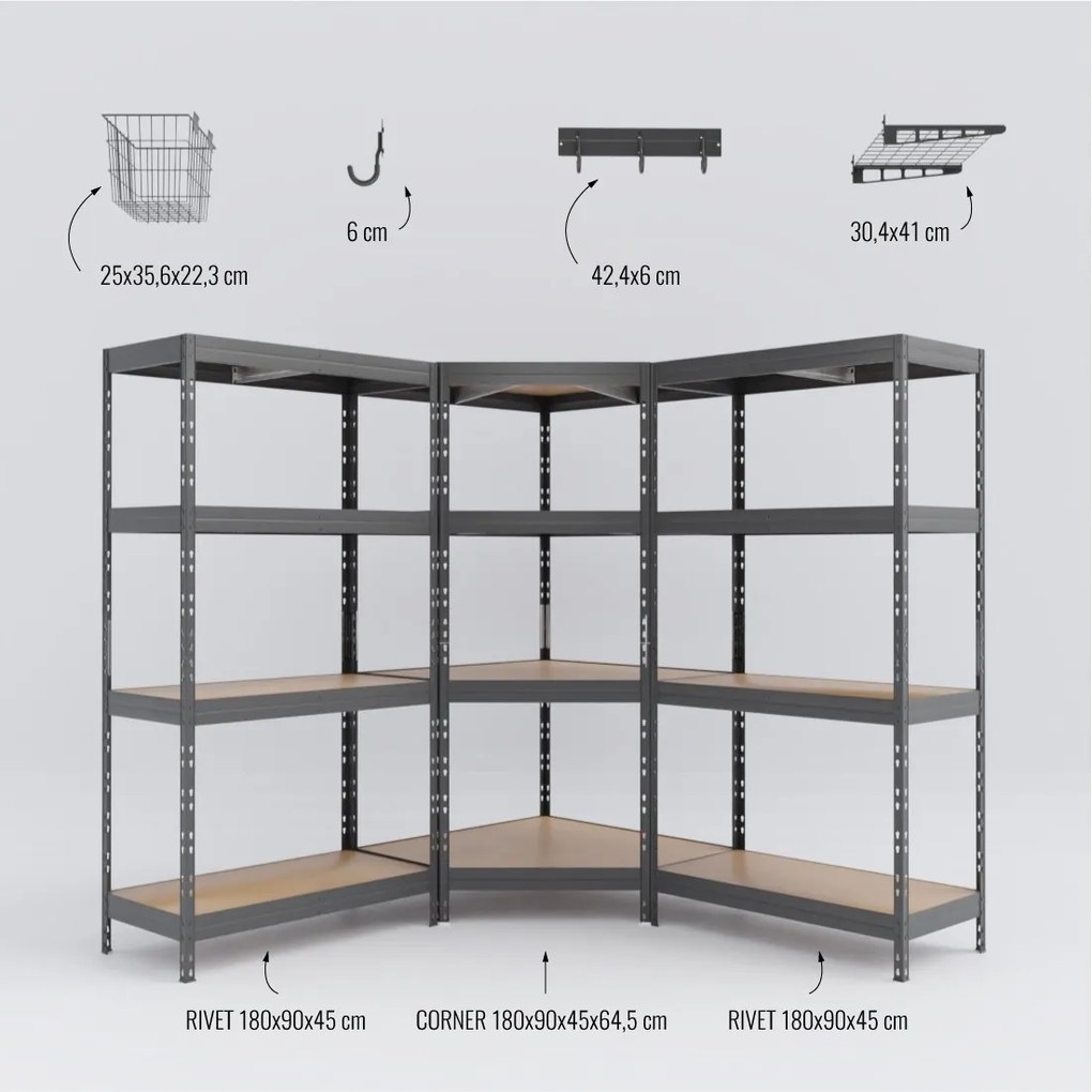 Régal RIVET CORNER PACK 180x180x180x45cm s príslušenstvom