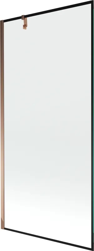 Mexen Next, vaňová zástena 1-krídlová 90 x 150 cm, fixné krídlo, 6 mm číre sklo s čiernym vzorom, ružové zlato profil, 895-090-000-00-70-60