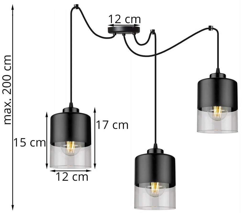 Závesné svietidlo ROMA SPIDER, 3x čierne/transparentné sklenené tienidlo