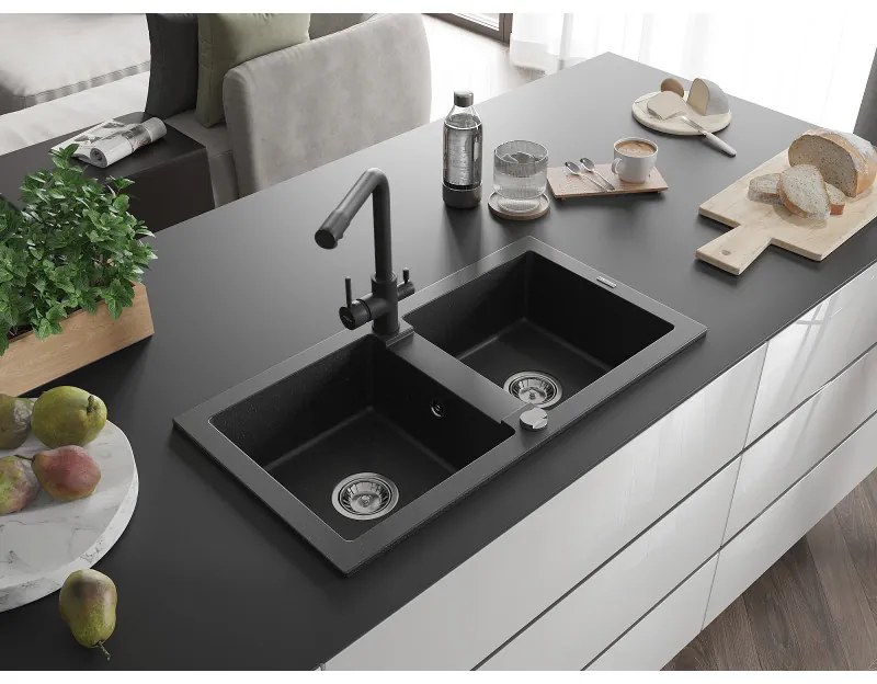 Mexen Mario, 2-komorový granitový drez 820x436x161 mm a čierna drezová batéria Duero, čierna-strieborná metalíza, 6504-73-671600-70