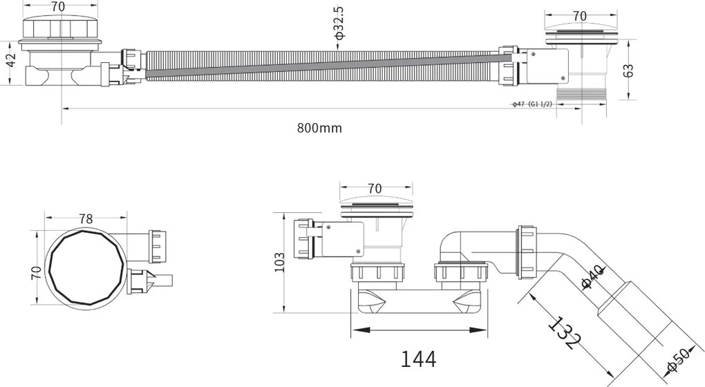 Erga Pureline, vaňová odtoková a prepadová súprava, dĺžka 800 mm, bowden, chrómová, ERG-V08-PURELINE-SIPHON80-CR